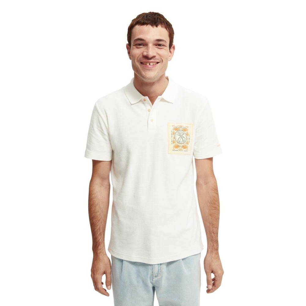 Scotch & Soda Mens Organic Cotton‎ Blend Toweling Polo Shirt Off White Graphic M